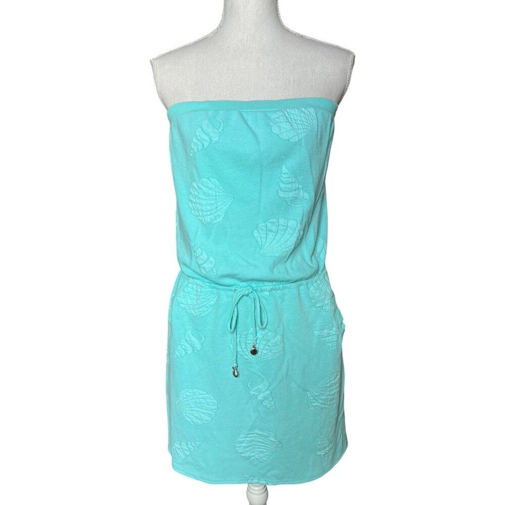 Dotti Turquoise Strapless Seashell Terry Cloth Dress Cover-Up resort wear L